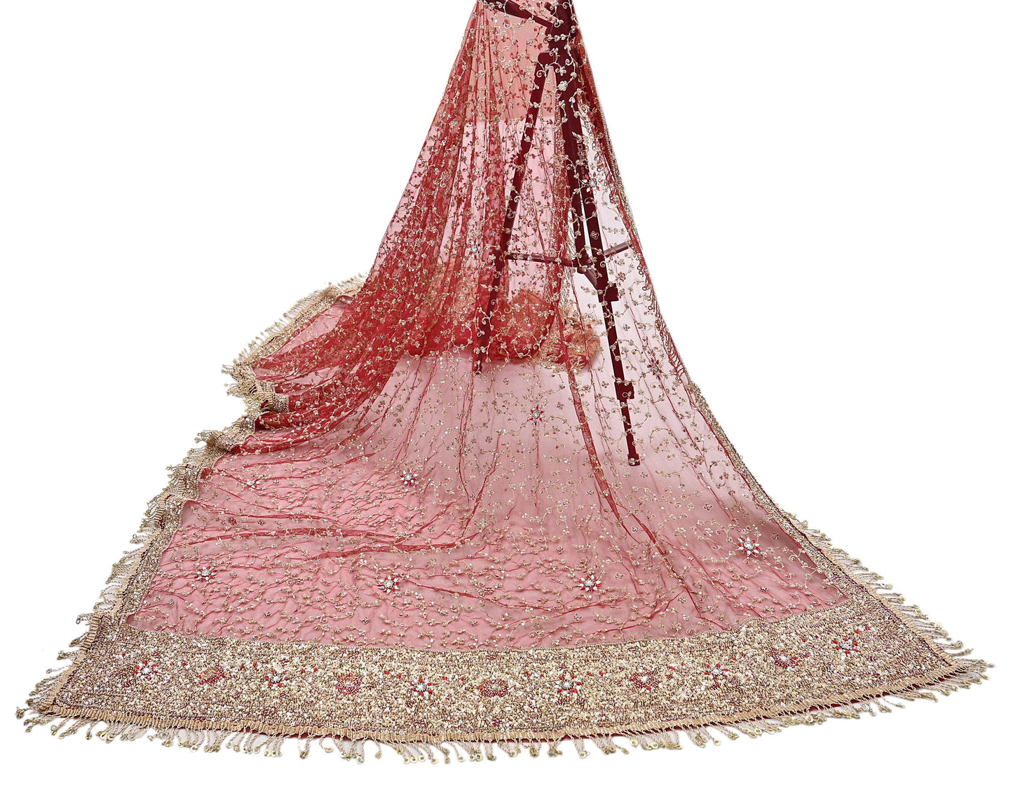 Indian Vintage Heavy Bridal Red Dupatta Net Mesh Long Stole Hand Embroidered Scarves Zardozi Dabka Zari Wedding dupatta veil hijab