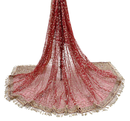 Indian Vintage Heavy Bridal Red Dupatta Net Mesh Long Stole Hand Embroidered Scarves Zardozi Dabka Zari Wedding dupatta veil hijab
