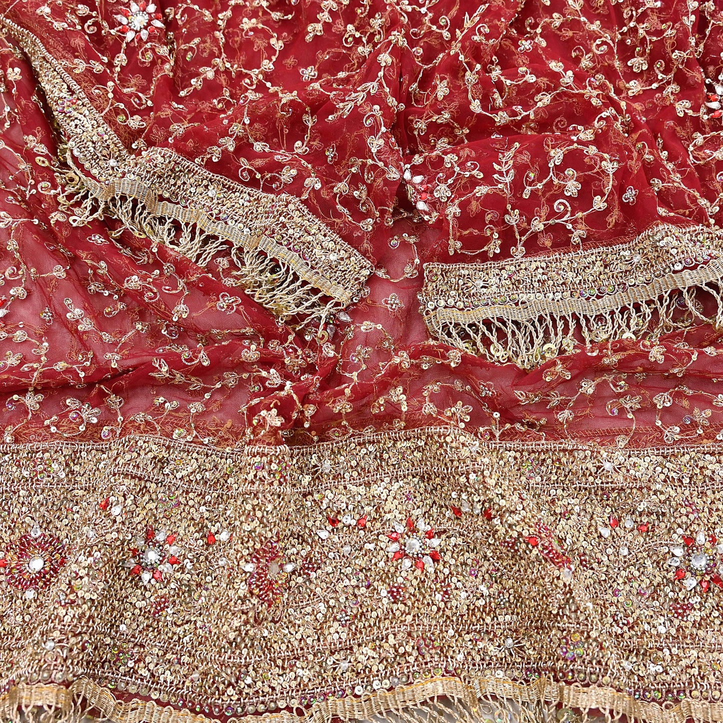 Indian Vintage Heavy Bridal Red Dupatta Net Mesh Long Stole Hand Embroidered Scarves Zardozi Dabka Zari Wedding dupatta veil hijab