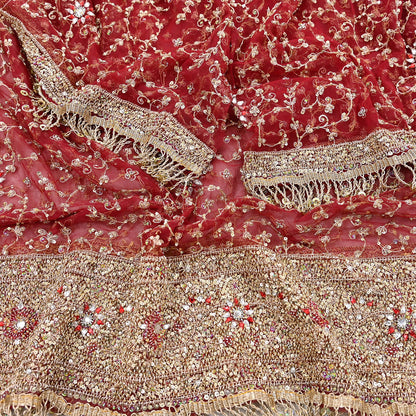 Indian Vintage Heavy Bridal Red Dupatta Net Mesh Long Stole Hand Embroidered Scarves Zardozi Dabka Zari Wedding dupatta veil hijab