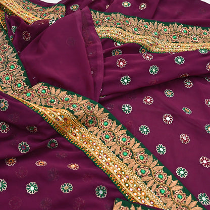 Indian Vintage Heavy Sari Maroon Pure Georgette Silk Hand Embroidered Sarees Craft Fabric 5Yd Sewing Ethnic Bollywood saree Dress making