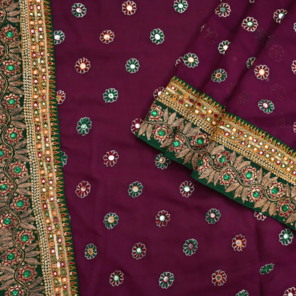 Indian Vintage Heavy Sari Maroon Pure Georgette Silk Hand Embroidered Sarees Craft Fabric 5Yd Sewing Ethnic Bollywood saree Dress making