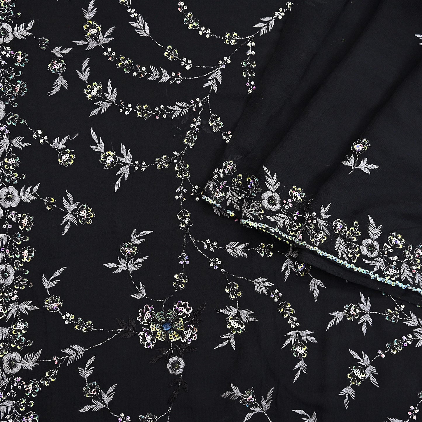 Indian Vintage Heavy Sari Black Pure Georgette Silk Hand Beaded Sarees Craft Fabric 5Yd Sewing Soft Ethnic Wedding Dress making