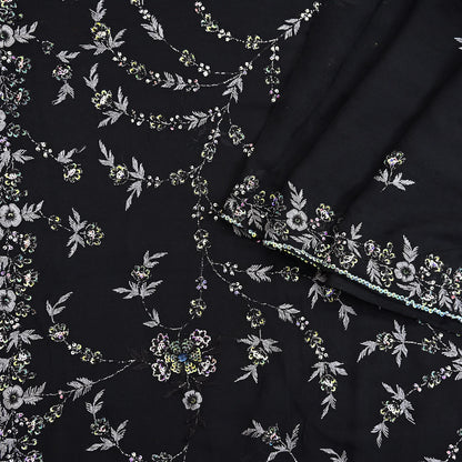 Indian Vintage Heavy Sari Black Pure Georgette Silk Hand Beaded Sarees Craft Fabric 5Yd Sewing Soft Ethnic Wedding Dress making
