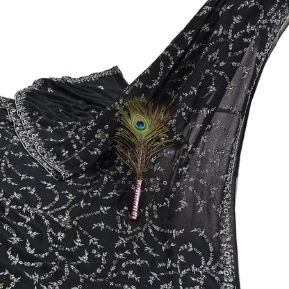 Indian Vintage Heavy Sari Black Pure Georgette Silk Hand Beaded Sarees Craft Fabric 5Yd Sewing Soft Ethnic Wedding Dress making