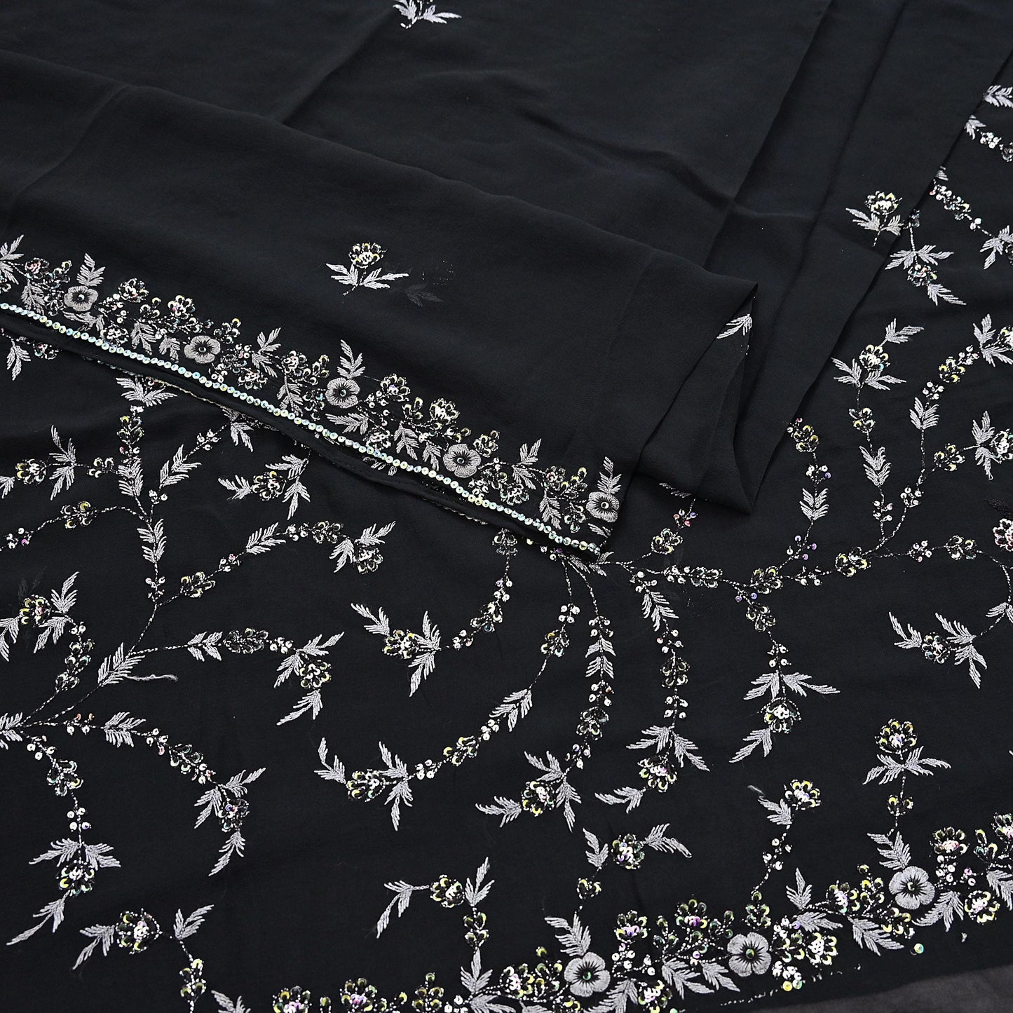 Indian Vintage Heavy Sari Black Pure Georgette Silk Hand Beaded Sarees Craft Fabric 5Yd Sewing Soft Ethnic Wedding Dress making
