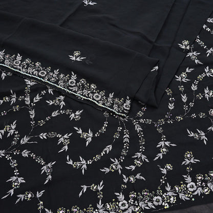 Indian Vintage Heavy Sari Black Pure Georgette Silk Hand Beaded Sarees Craft Fabric 5Yd Sewing Soft Ethnic Wedding Dress making