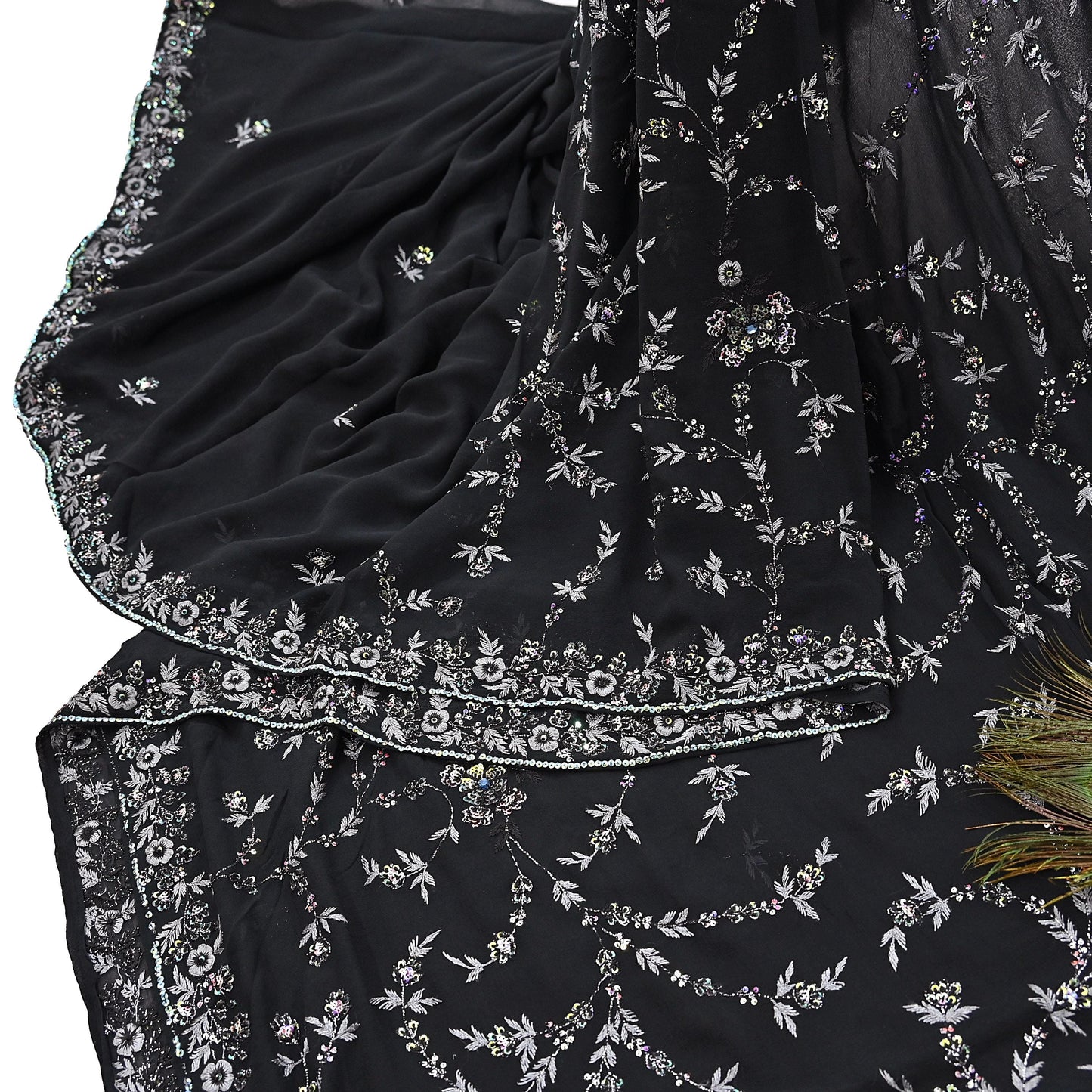Indian Vintage Heavy Sari Black Pure Georgette Silk Hand Beaded Sarees Craft Fabric 5Yd Sewing Soft Ethnic Wedding Dress making