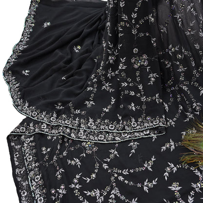 Indian Vintage Heavy Sari Black Pure Georgette Silk Hand Beaded Sarees Craft Fabric 5Yd Sewing Soft Ethnic Wedding Dress making