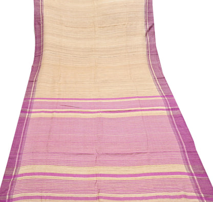 Indian Vintage Heavy Sari Beige & Pink Pure Khadi Silk Handloom Saree Craft Fabric 5yd Ethnic Wear Dress making For Crafting Quilting
