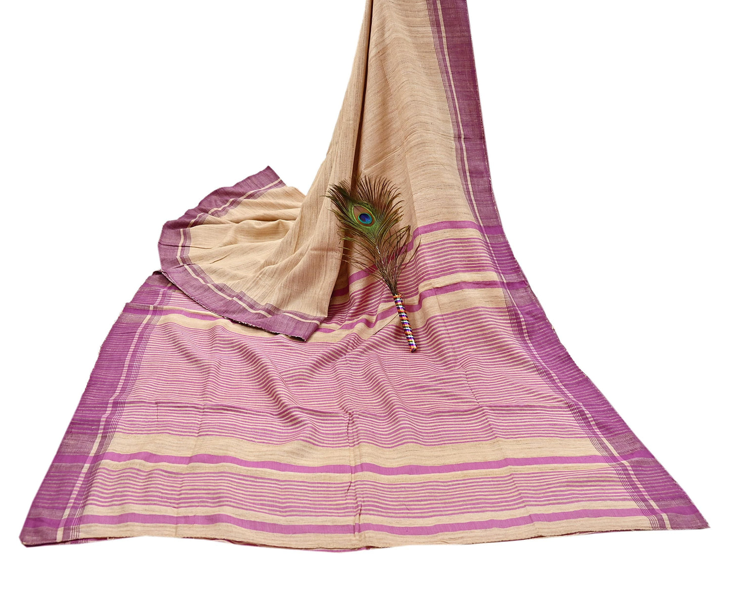 Indian Vintage Heavy Sari Beige & Pink Pure Khadi Silk Handloom Saree Craft Fabric 5yd Ethnic Wear Dress making For Crafting Quilting