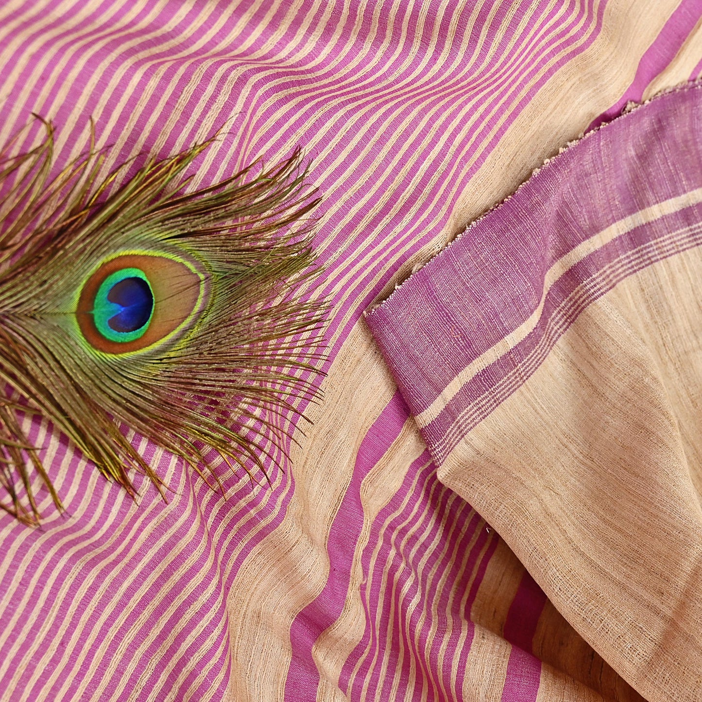 Indian Vintage Heavy Sari Beige & Pink Pure Khadi Silk Handloom Saree Craft Fabric 5yd Ethnic Wear Dress making For Crafting Quilting