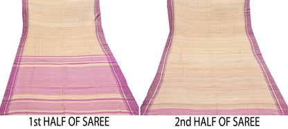 Indian Vintage Heavy Sari Beige & Pink Pure Khadi Silk Handloom Saree Craft Fabric 5yd Ethnic Wear Dress making For Crafting Quilting