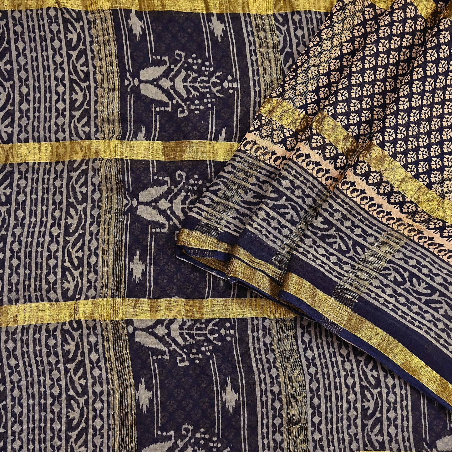 Indian Vintage Sari Beige & Black Printed Pure Cotton Sarees Craft Fabric 6Yd Soft Sewing Sarong Wrap Boho Quilting Dress making zari border
