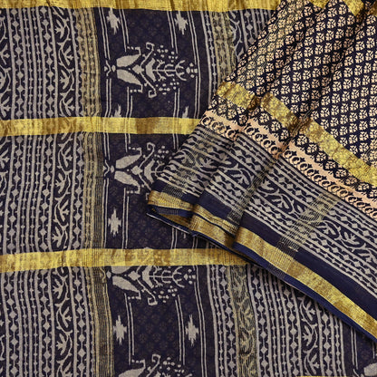 Indian Vintage Sari Beige & Black Printed Pure Cotton Sarees Craft Fabric 6Yd Soft Sewing Sarong Wrap Boho Quilting Dress making zari border