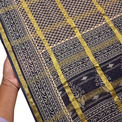 Indian Vintage Sari Beige & Black Printed Pure Cotton Sarees Craft Fabric 6Yd Soft Sewing Sarong Wrap Boho Quilting Dress making zari border