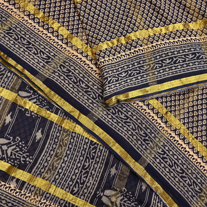 Indian Vintage Sari Beige & Black Printed Pure Cotton Sarees Craft Fabric 6Yd Soft Sewing Sarong Wrap Boho Quilting Dress making zari border