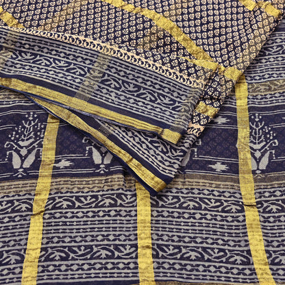 Indian Vintage Sari Beige & Black Printed Pure Cotton Sarees Craft Fabric 6Yd Soft Sewing Sarong Wrap Boho Quilting Dress making zari border