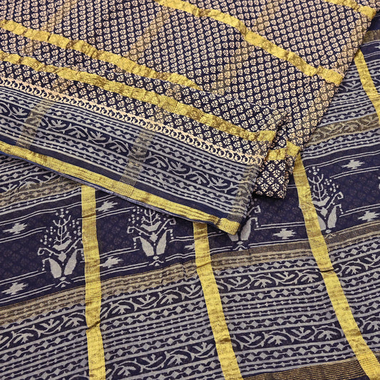 Indian Vintage Sari Beige & Black Printed Pure Cotton Sarees Craft Fabric 6Yd Soft Sewing Sarong Wrap Boho Quilting Dress making zari border