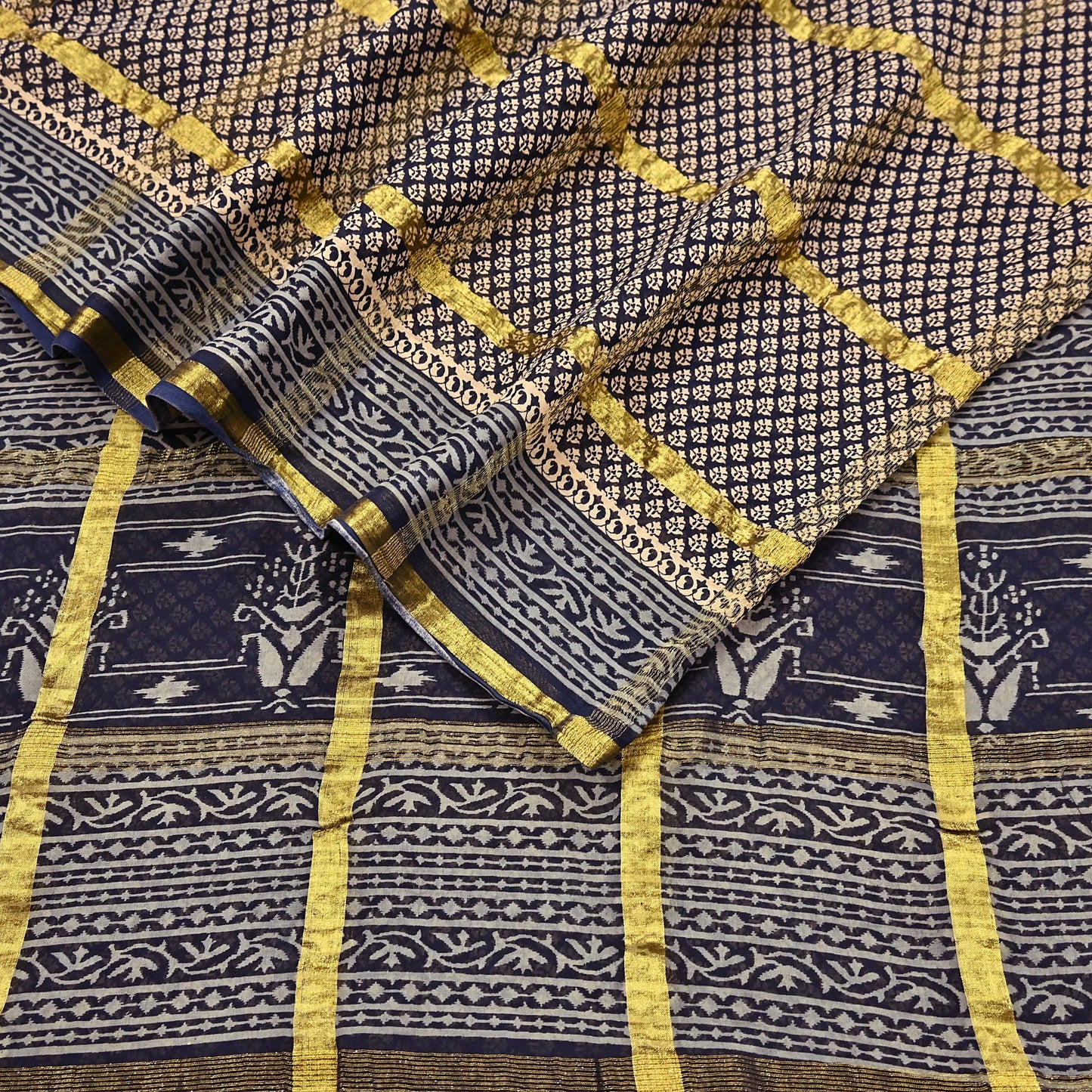 Indian Vintage Sari Beige & Black Printed Pure Cotton Sarees Craft Fabric 6Yd Soft Sewing Sarong Wrap Boho Quilting Dress making zari border
