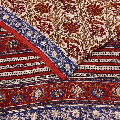 Indian Vintage Beige Saree Block Printed Pure Cotton Sari Craft Fabric Soft 5Yd Sewing Sarong Wrap Boho Quilting Crafting Dress making