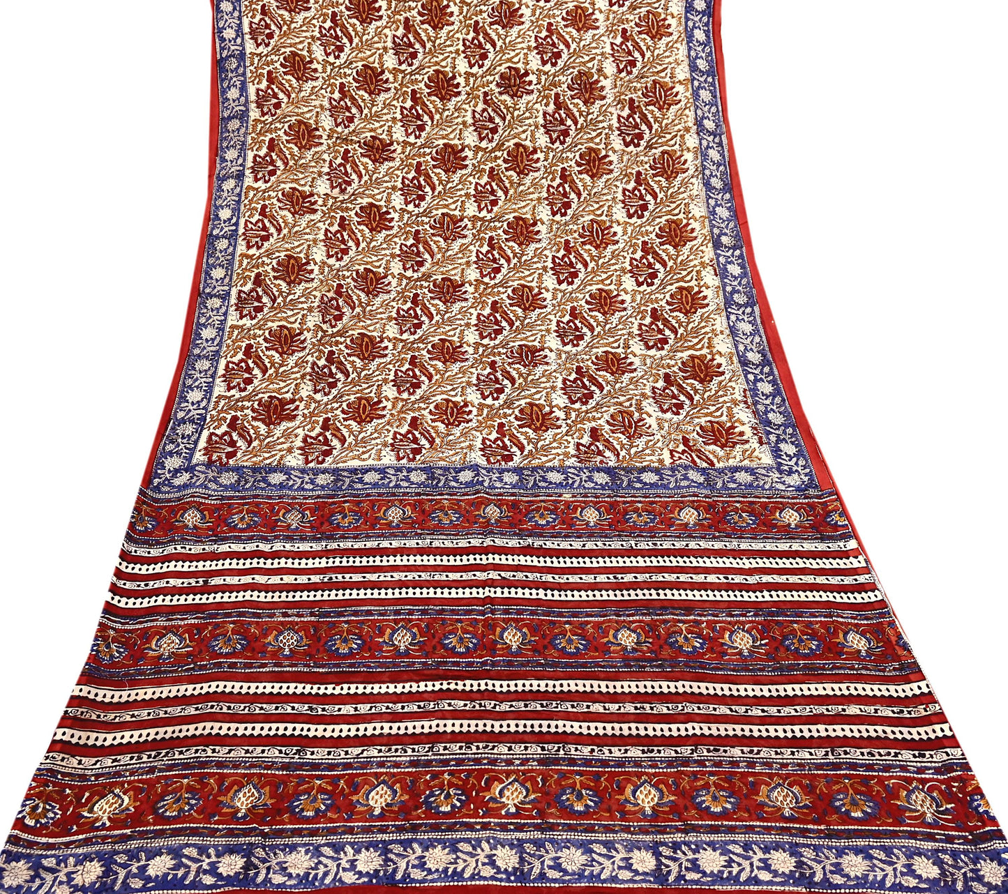 Indian Vintage Beige Saree Block Printed Pure Cotton Sari Craft Fabric Soft 5Yd Sewing Sarong Wrap Boho Quilting Crafting Dress making