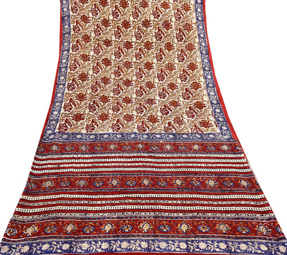 Indian Vintage Beige Saree Block Printed Pure Cotton Sari Craft Fabric Soft 5Yd Sewing Sarong Wrap Boho Quilting Crafting Dress making