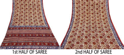 Indian Vintage Beige Saree Block Printed Pure Cotton Sari Craft Fabric Soft 5Yd Sewing Sarong Wrap Boho Quilting Crafting Dress making