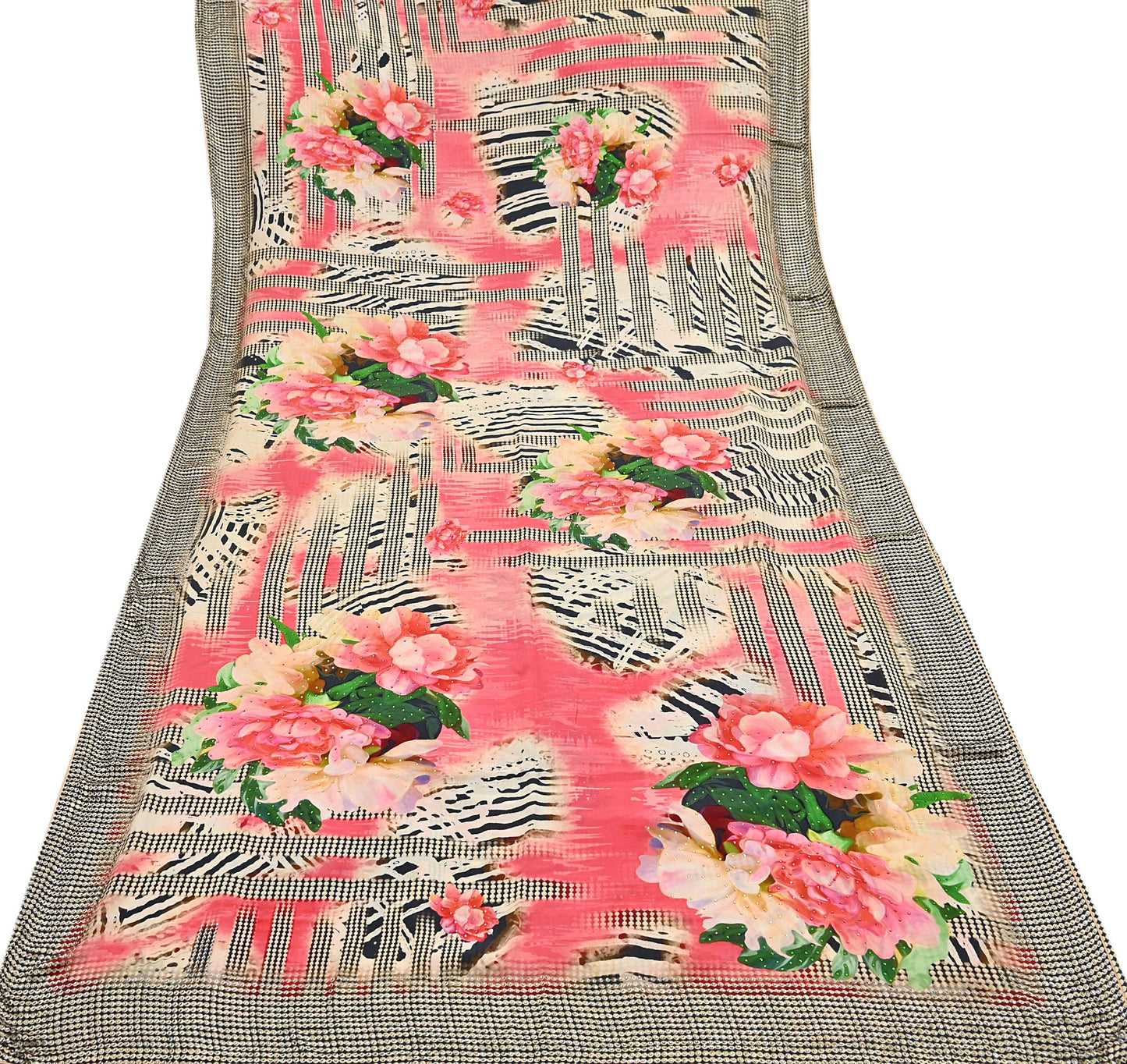 Indian Vintage Saree Pure Satin Silk Digital hand beaded Printed Sari 5yd Sewing Soft Craft Fabric Dress Making Crafting