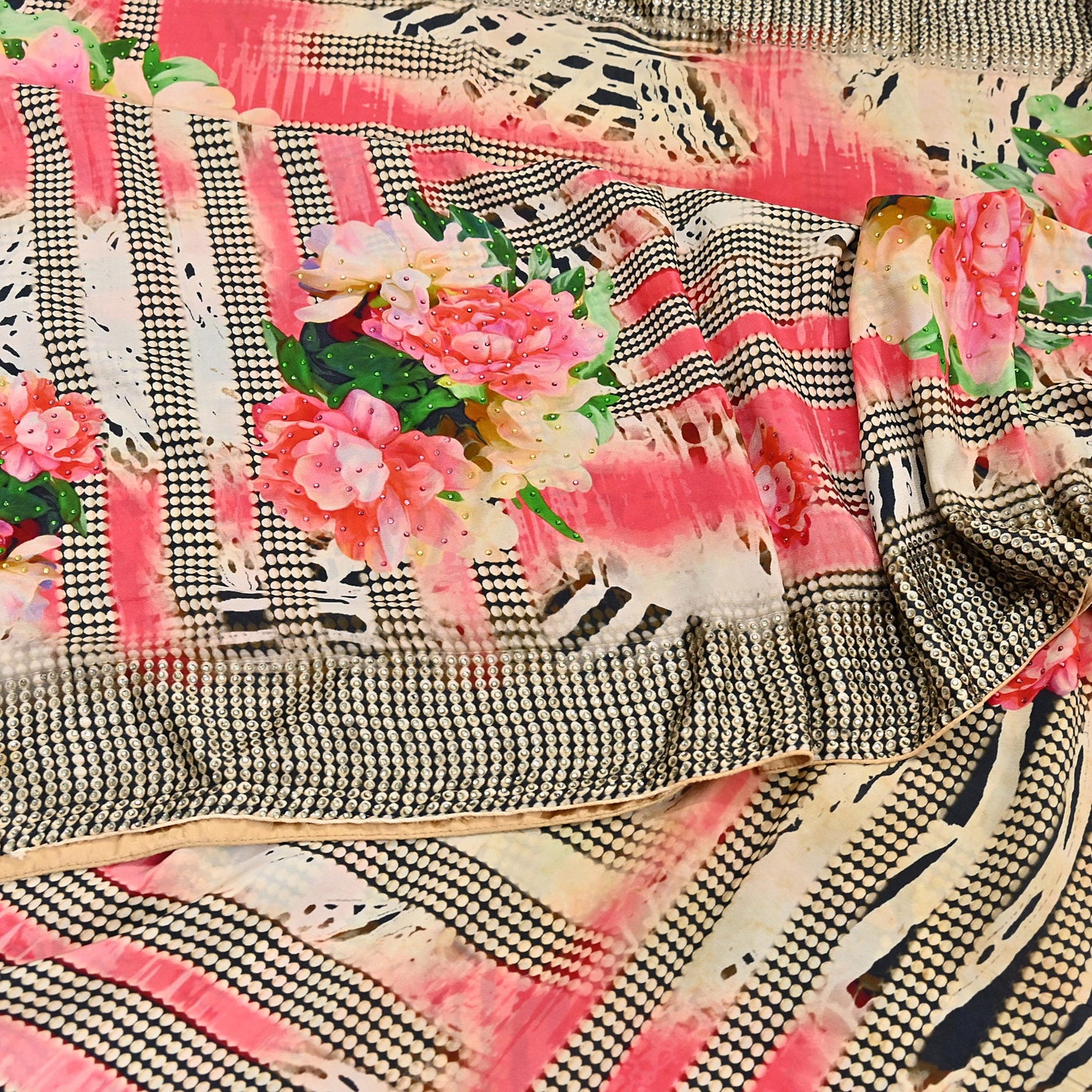 Indian Vintage Saree Pure Satin Silk Digital hand beaded Printed Sari 5yd Sewing Soft Craft Fabric Dress Making Crafting