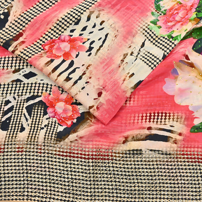 Indian Vintage Saree Pure Satin Silk Digital hand beaded Printed Sari 5yd Sewing Soft Craft Fabric Dress Making Crafting
