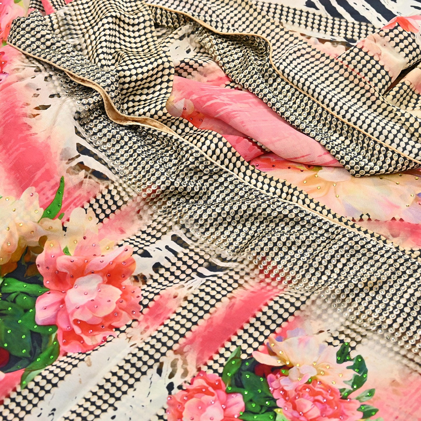 Indian Vintage Saree Pure Satin Silk Digital hand beaded Printed Sari 5yd Sewing Soft Craft Fabric Dress Making Crafting