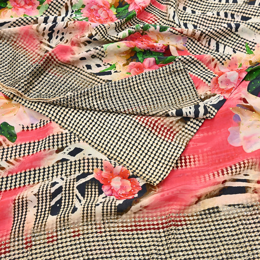 Indian Vintage Saree Pure Satin Silk Digital hand beaded Printed Sari 5yd Sewing Soft Craft Fabric Dress Making Crafting