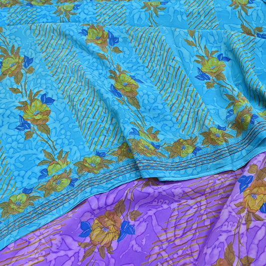 Indian Vintage Sari Purple & Blue Pure Crepe Silk Tie-Dye Printed Sarees 5yd Sewing Ethnic Wrap Craft Fabric Sewing Dress making Crafting