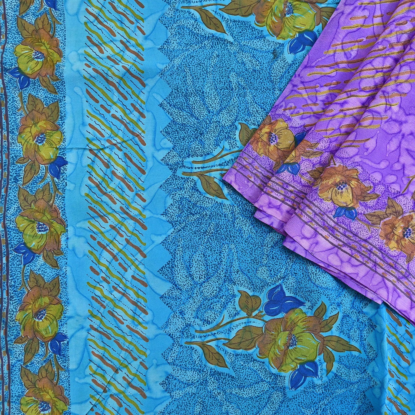 Indian Vintage Sari Purple & Blue Pure Crepe Silk Tie-Dye Printed Sarees 5yd Sewing Ethnic Wrap Craft Fabric Sewing Dress making Crafting