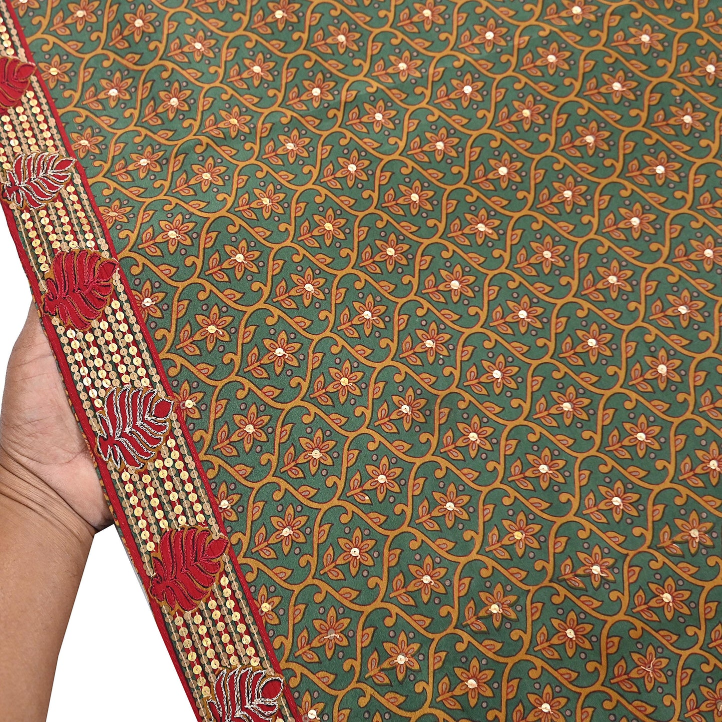 Indian Vintage Sari Green Pure Crepe Silk Hand Embroidered Saree 6yd Sewing Floral Craft Sequins Dress making Crafting Quilting