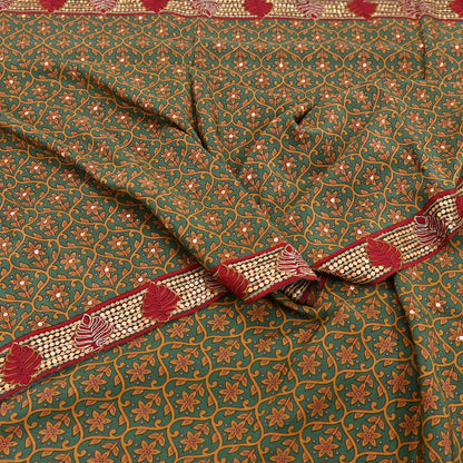 Indian Vintage Sari Green Pure Crepe Silk Hand Embroidered Saree 6yd Sewing Floral Craft Sequins Dress making Crafting Quilting