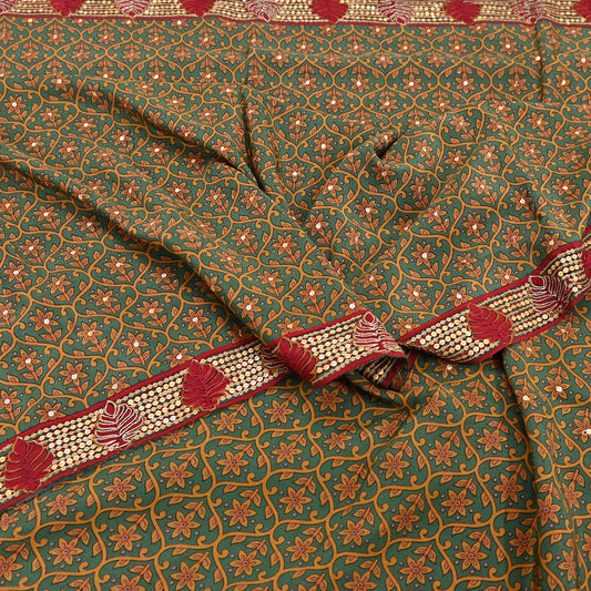 Indian Vintage Sari Green Pure Crepe Silk Hand Embroidered Saree 6yd Sewing Floral Craft Sequins Dress making Crafting Quilting