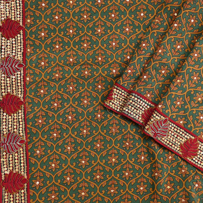 Indian Vintage Sari Green Pure Crepe Silk Hand Embroidered Saree 6yd Sewing Floral Craft Sequins Dress making Crafting Quilting
