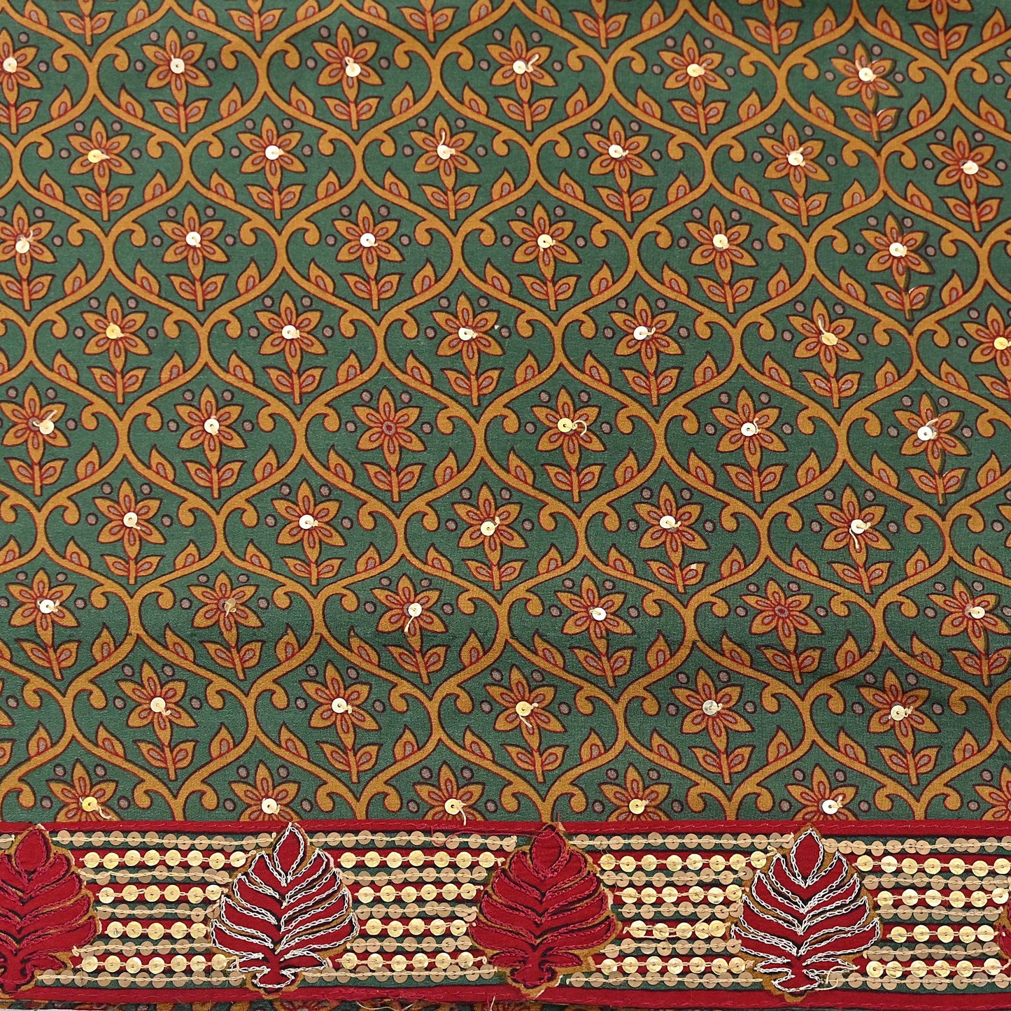 Indian Vintage Sari Green Pure Crepe Silk Hand Embroidered Saree 6yd Sewing Floral Craft Sequins Dress making Crafting Quilting