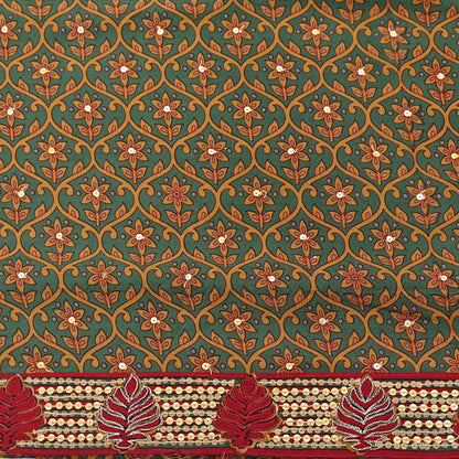 Indian Vintage Sari Green Pure Crepe Silk Hand Embroidered Saree 6yd Sewing Floral Craft Sequins Dress making Crafting Quilting