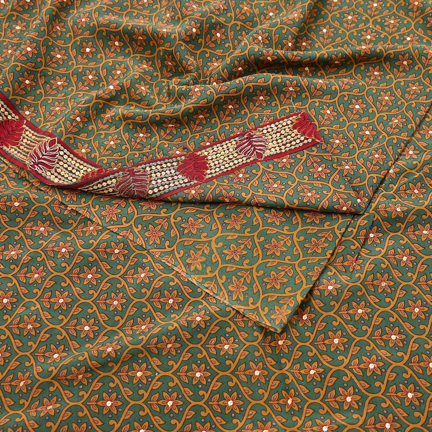 Indian Vintage Sari Green Pure Crepe Silk Hand Embroidered Saree 6yd Sewing Floral Craft Sequins Dress making Crafting Quilting
