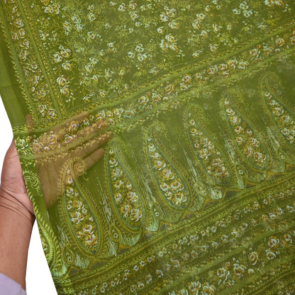 Indian Vintage Sari Green Pure Chiffon Silk Printed Sarees 5Yd Craft Fabric Sewing Soft Light Sari Dress Making Quilting For Crating