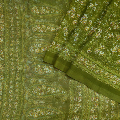 Indian Vintage Sari Green Pure Chiffon Silk Printed Sarees 5Yd Craft Fabric Sewing Soft Light Sari Dress Making Quilting For Crating