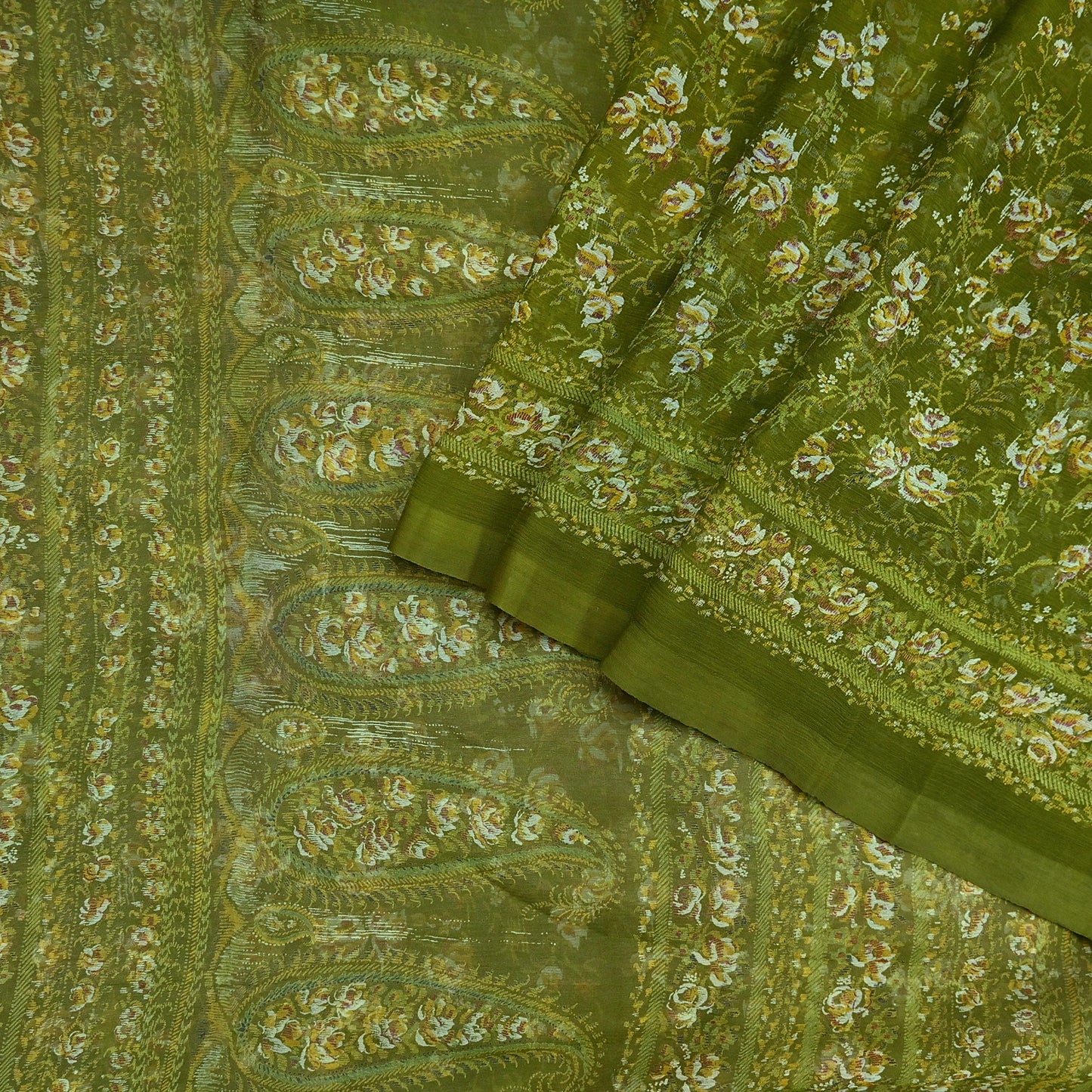 Indian Vintage Sari Green Pure Chiffon Silk Printed Sarees 5Yd Craft Fabric Sewing Soft Light Sari Dress Making Quilting For Crating