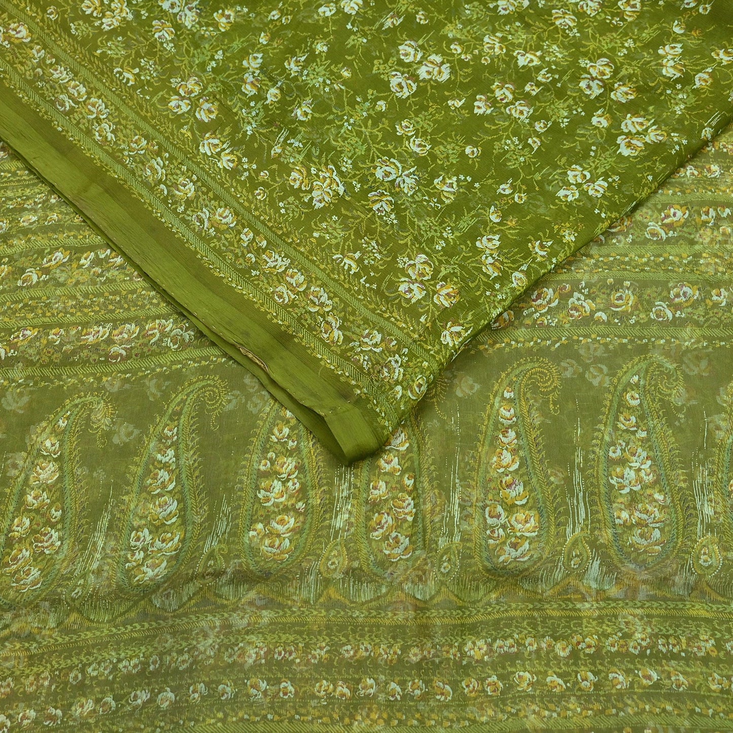 Indian Vintage Sari Green Pure Chiffon Silk Printed Sarees 5Yd Craft Fabric Sewing Soft Light Sari Dress Making Quilting For Crating