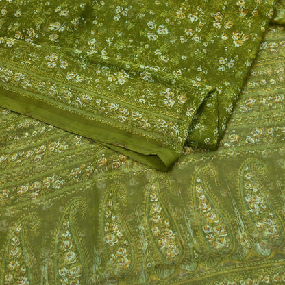 Indian Vintage Sari Green Pure Chiffon Silk Printed Sarees 5Yd Craft Fabric Sewing Soft Light Sari Dress Making Quilting For Crating
