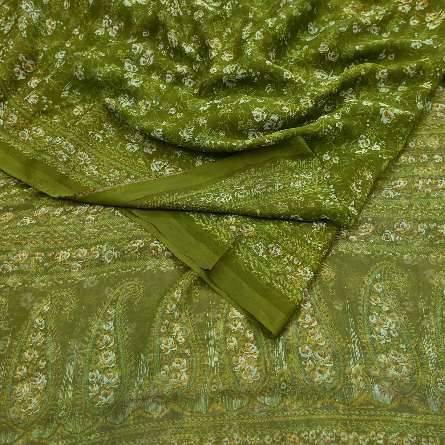 Indian Vintage Sari Green Pure Chiffon Silk Printed Sarees 5Yd Craft Fabric Sewing Soft Light Sari Dress Making Quilting For Crating