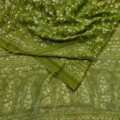 Indian Vintage Sari Green Pure Chiffon Silk Printed Sarees 5Yd Craft Fabric Sewing Soft Light Sari Dress Making Quilting For Crating
