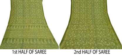 Indian Vintage Sari Green Pure Chiffon Silk Printed Sarees 5Yd Craft Fabric Sewing Soft Light Sari Dress Making Quilting For Crating